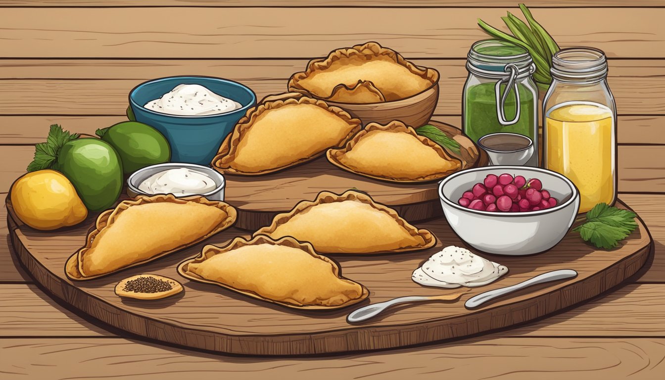 A colorful array of gluten-free empanadas arranged on a rustic wooden shelf, surrounded by fresh ingredients and kitchen utensils