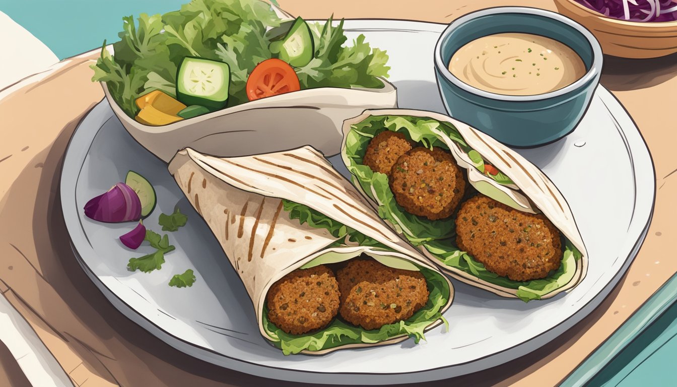 A colorful falafel wrap sits on a plate next to a salad. The wrap is filled with gluten-free falafel, fresh vegetables, and a drizzle of tahini sauce