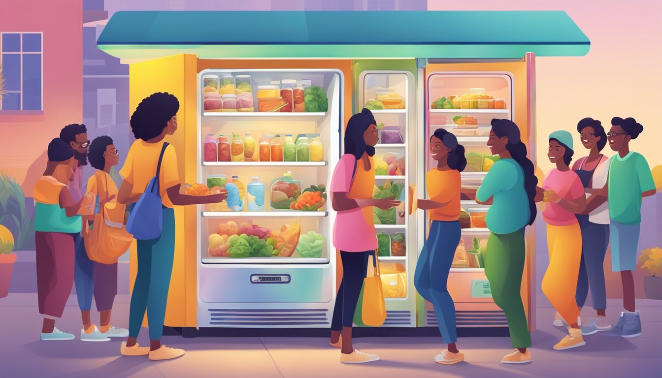 A vibrant and diverse community gathers around a colorful and well-stocked community fridge, exchanging food and sharing smiles