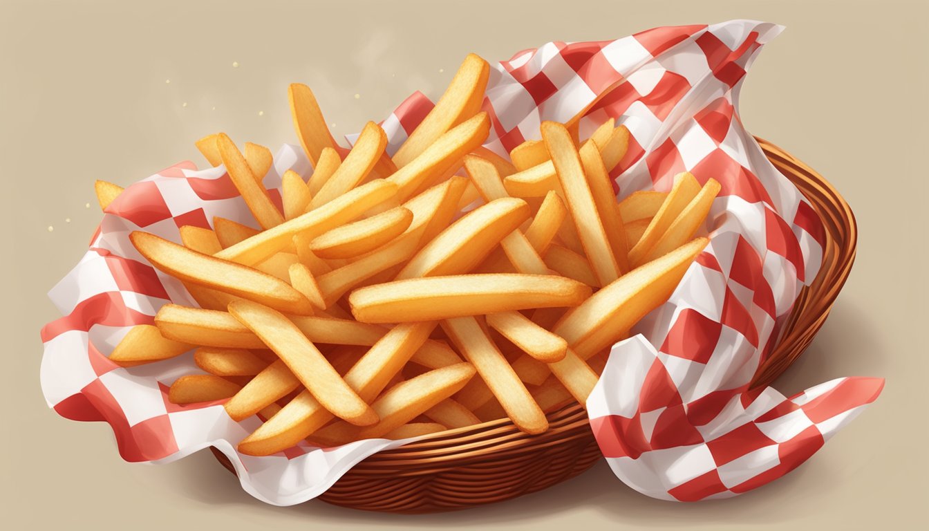 Freshly cooked gluten-free french fries in a red and white checkered paper-lined basket, steam rising, with a side of ketchup and a sprinkle of salt