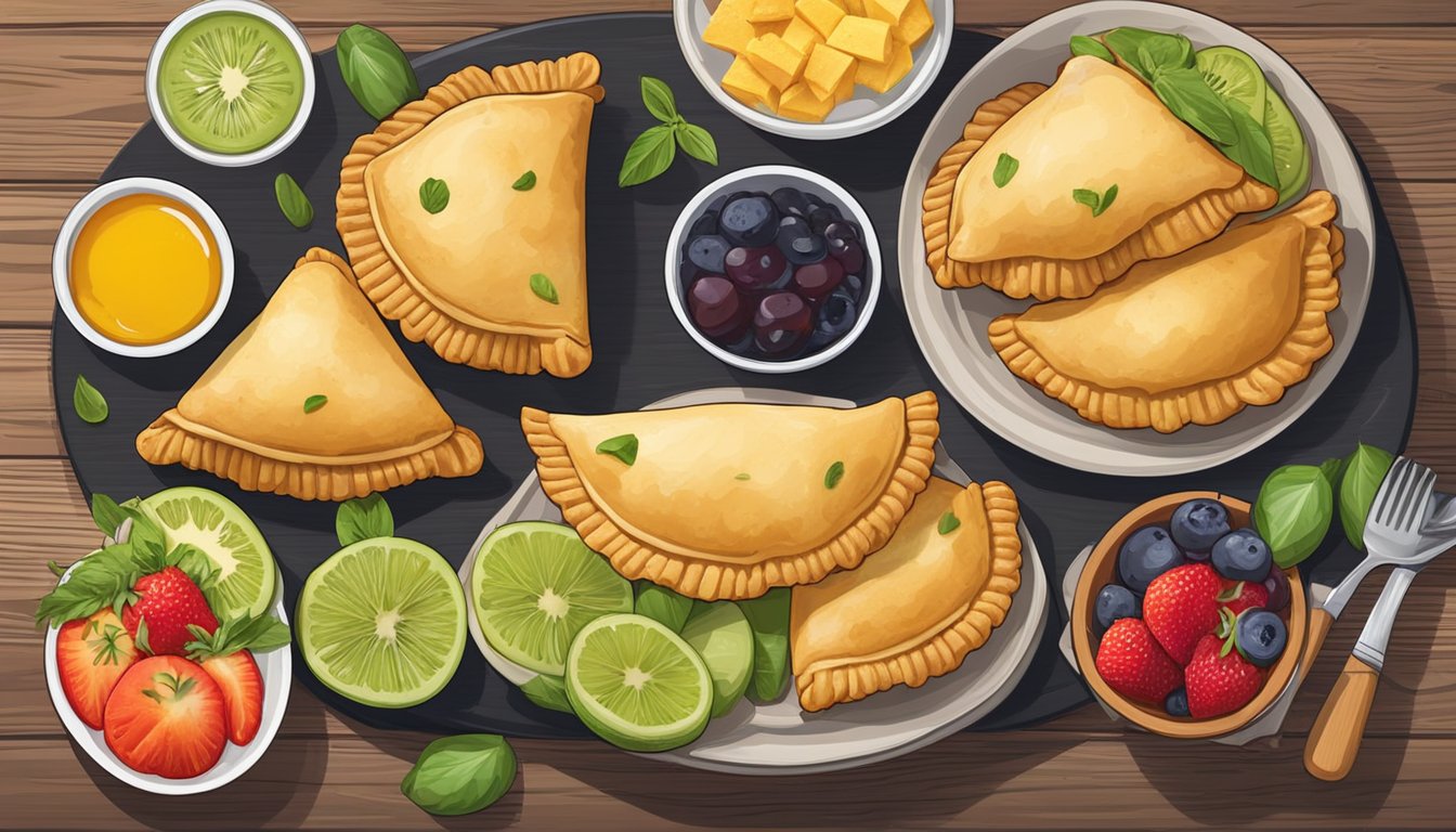 A plate of freshly baked gluten-free empanadas, accompanied by a variety of colorful fruits, cheeses, and condiments, sits on a rustic wooden table