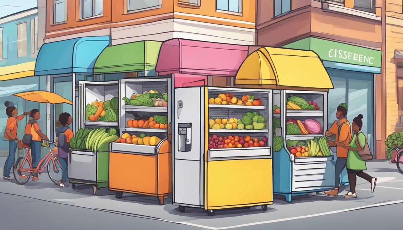 A brightly colored community fridge stands on a busy street corner, filled with fresh produce and canned goods. People come and go, adding and taking items