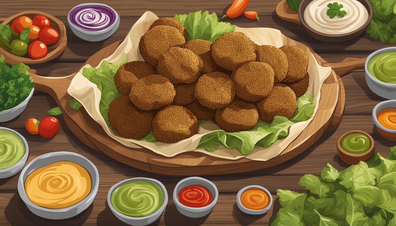 A colorful array of gluten-free falafel wraps arranged on a wooden serving platter, surrounded by fresh vegetables and a variety of sauces