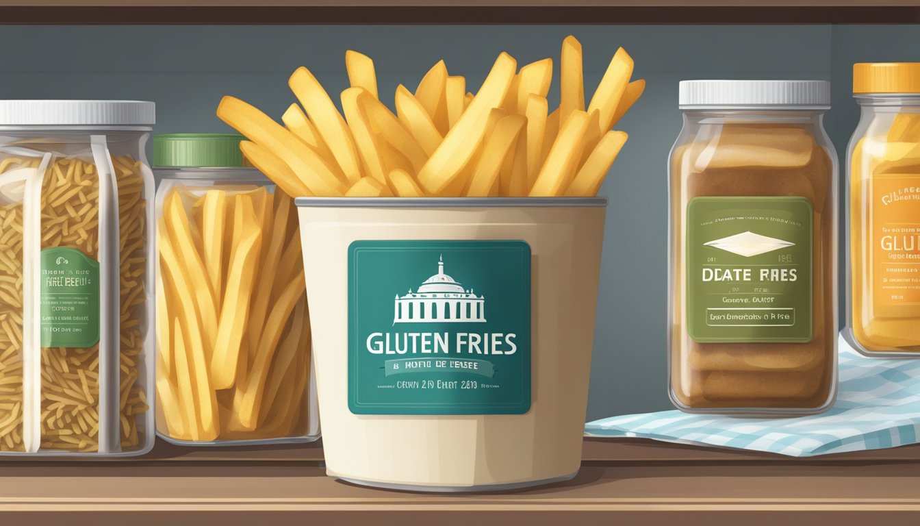 A pantry shelf with a bag of gluten-free French fries, airtight container, and a date label indicating the expiration date