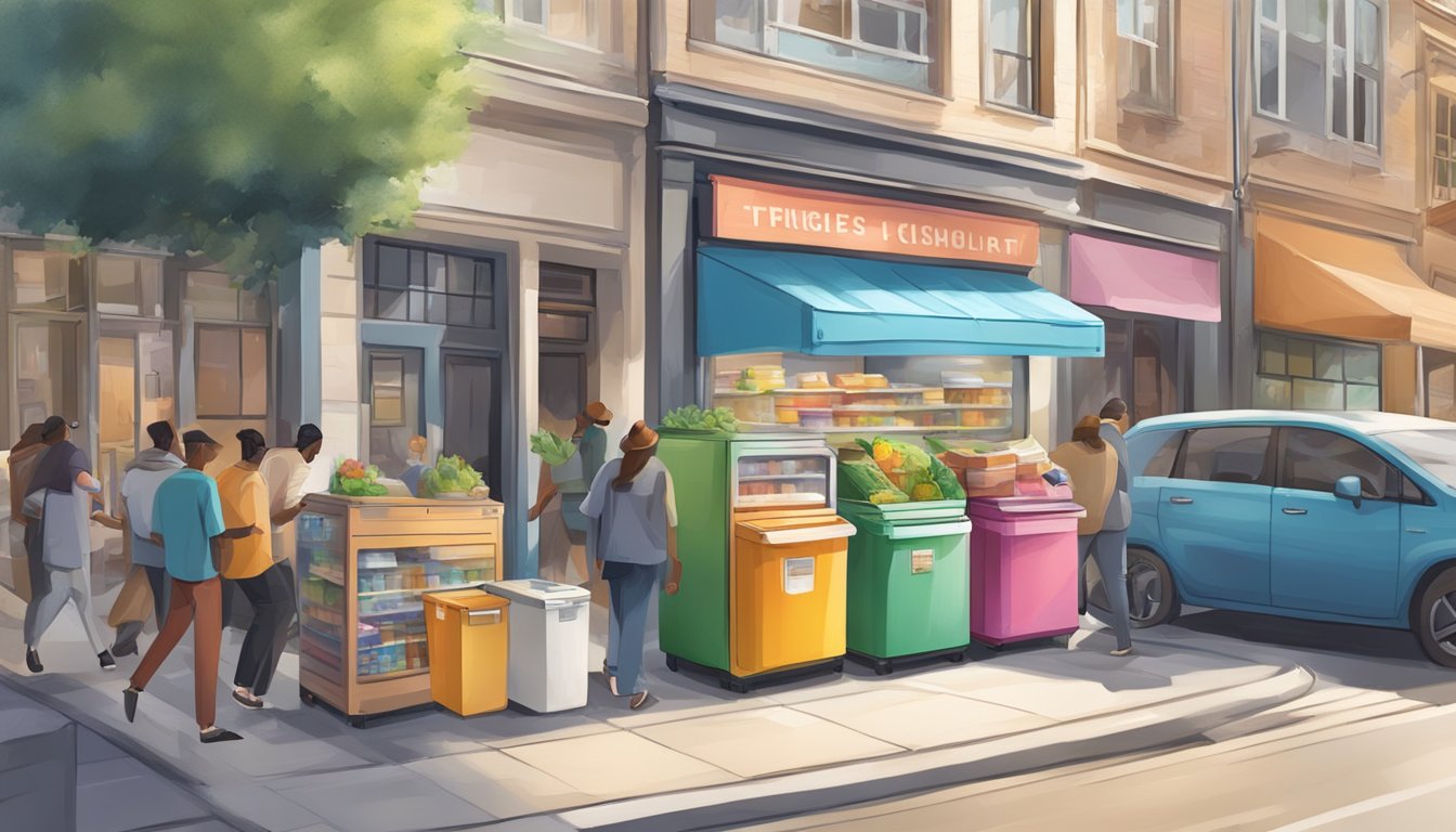 A bustling street with a colorful local community fridge, surrounded by legal documents and logistical supplies