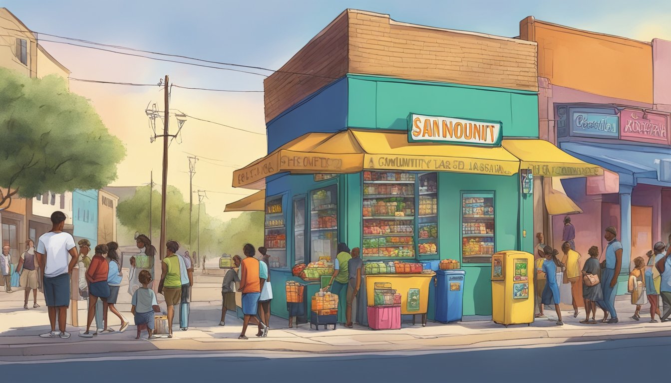 A bustling street corner in San Antonio, Texas, with a colorful community fridge surrounded by people donating and taking food items