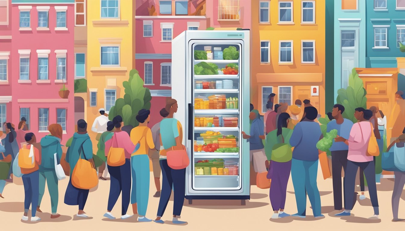 A colorful community fridge surrounded by diverse buildings and people exchanging food and goods