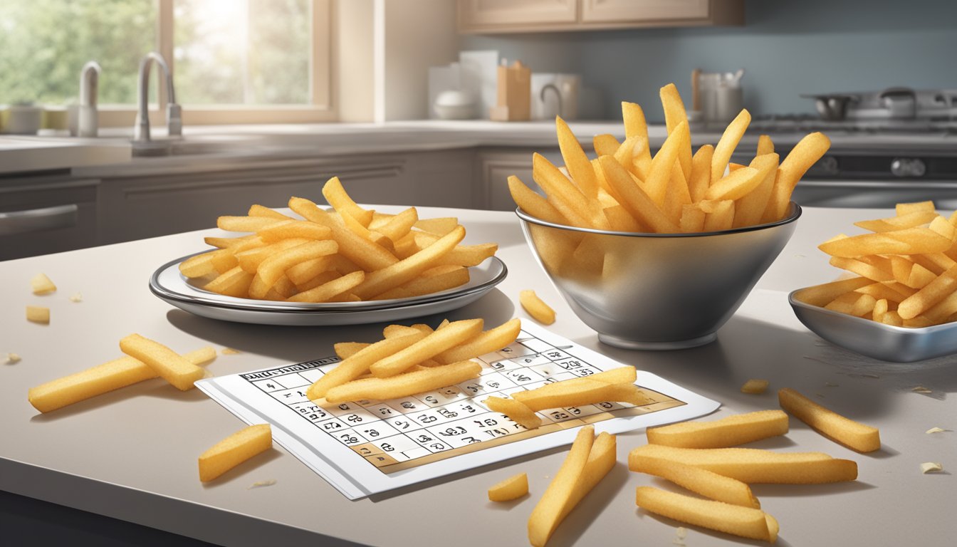 A pile of gluten-free french fries sits on a kitchen counter, surrounded by a calendar and a clock. The fries show signs of spoilage, with mold beginning to form on some of them