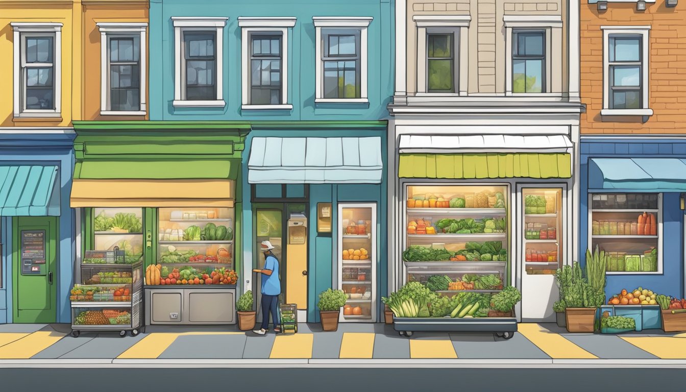 A community fridge filled with fresh produce, dairy, and packaged goods stands in a vibrant neighborhood, surrounded by diverse buildings and bustling streets