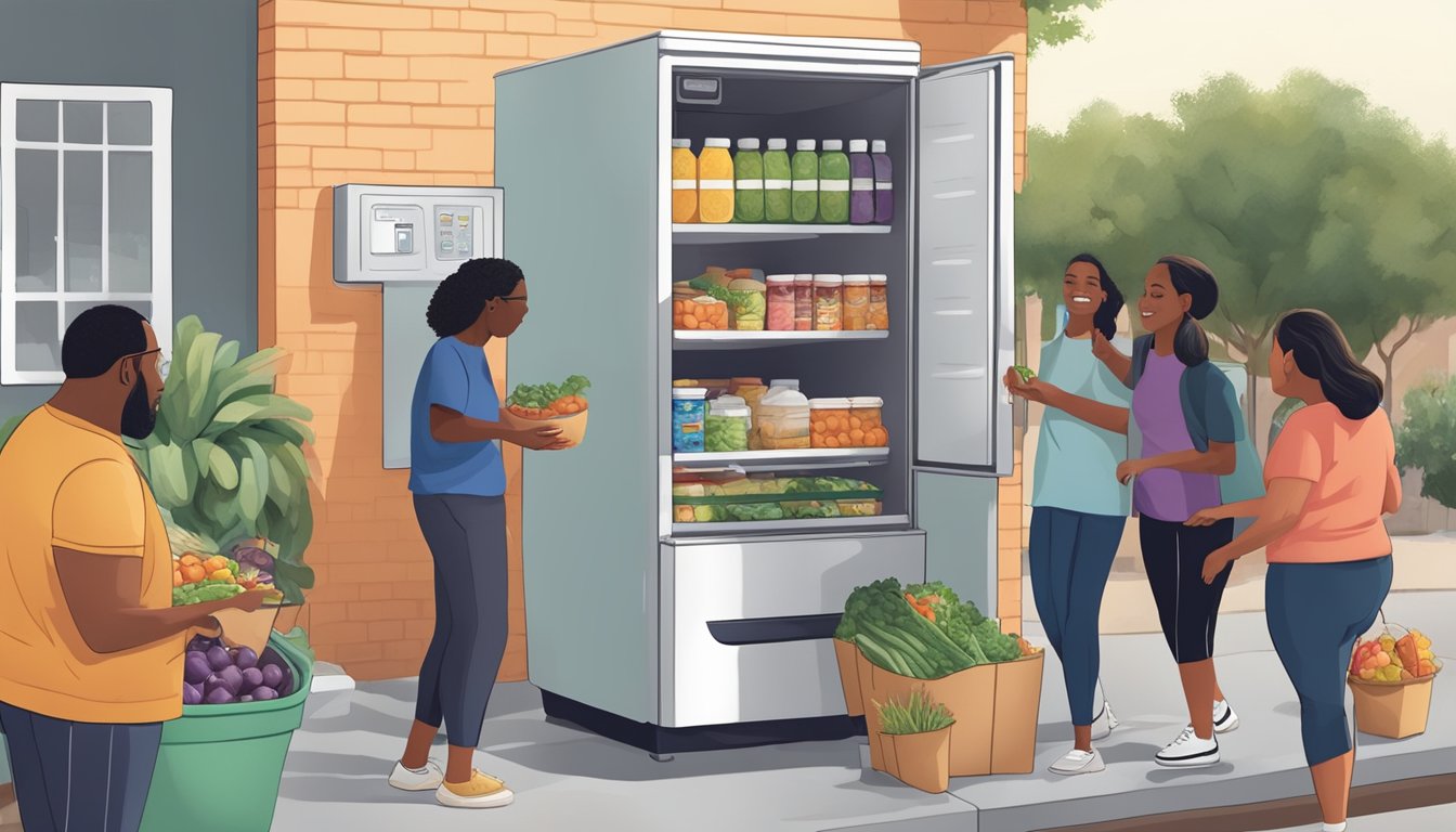 A diverse group of people adding and taking food from a well-stocked community fridge in a bustling San Antonio neighborhood