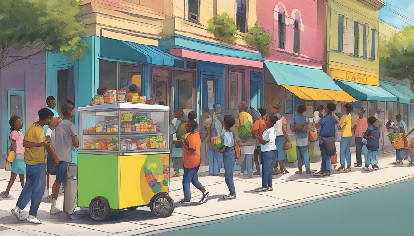 A bustling street corner in San Antonio, with a colorful community fridge surrounded by people dropping off and picking up food donations