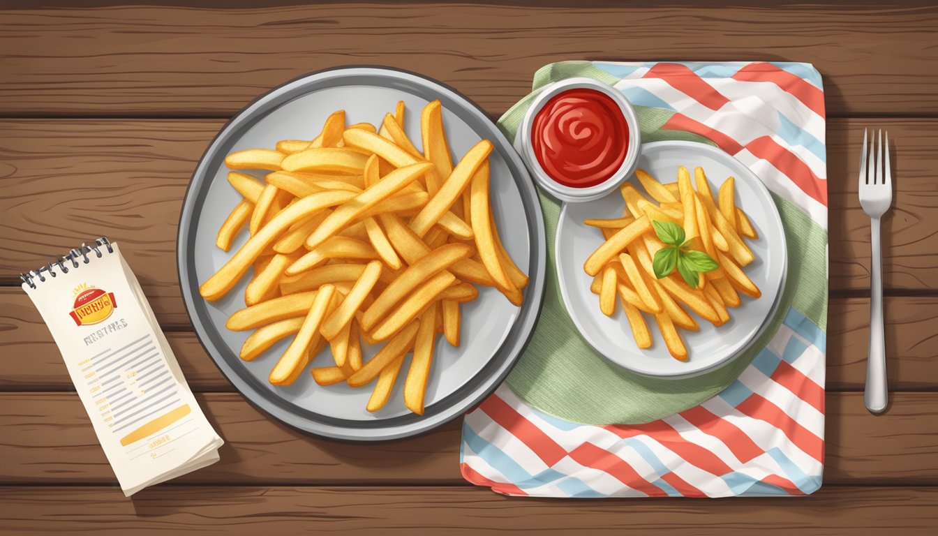 A plate of golden gluten-free french fries sits on a rustic wooden table next to a branded ketchup bottle and a menu from a popular restaurant