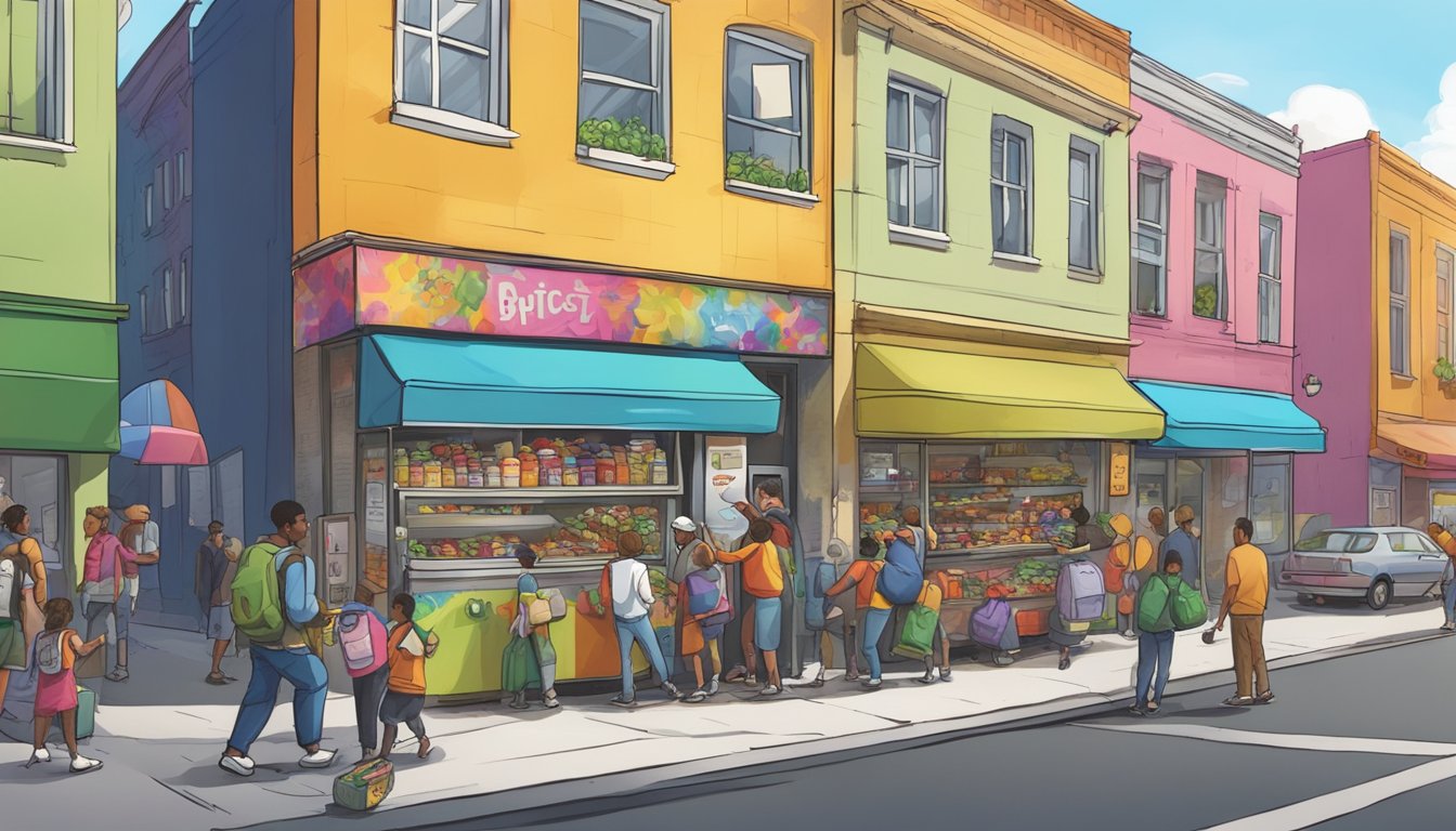 A bustling street corner with a colorful, graffiti-covered community fridge surrounded by people dropping off and picking up food items