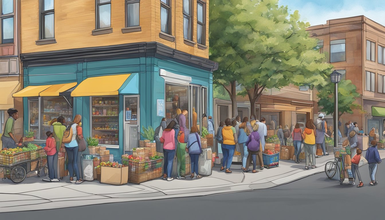 A bustling street corner in Spokane, Washington, with a community fridge adorned with colorful murals and surrounded by people accessing and donating food items