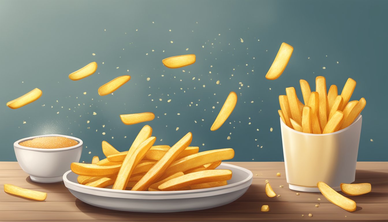 A plate of gluten-free french fries sits on a table, untouched. The fries are golden and crispy, with a light sprinkling of salt on top