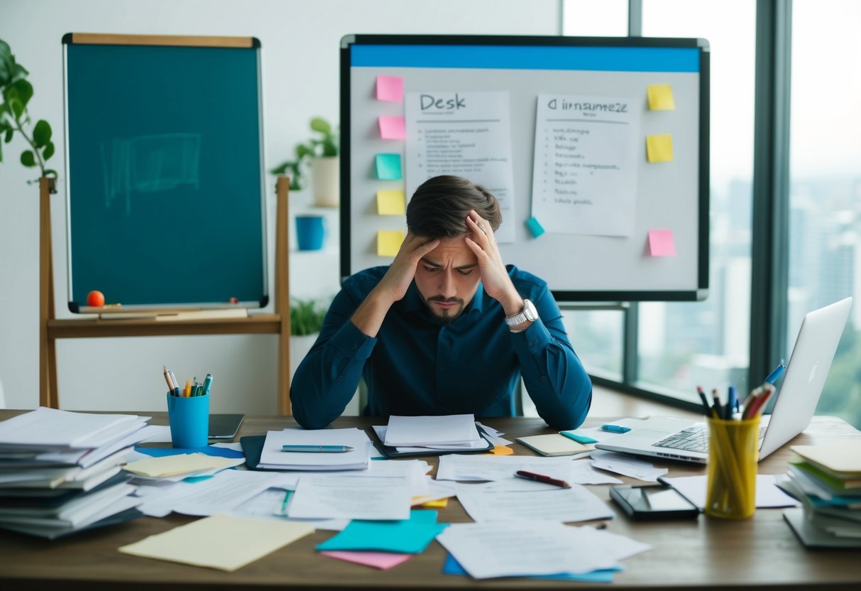 Un bureau en désordre avec des papiers éparpillés, un tableau blanc désorganisé, et une personne stressée essayant de gérer plusieurs tâches de projet.