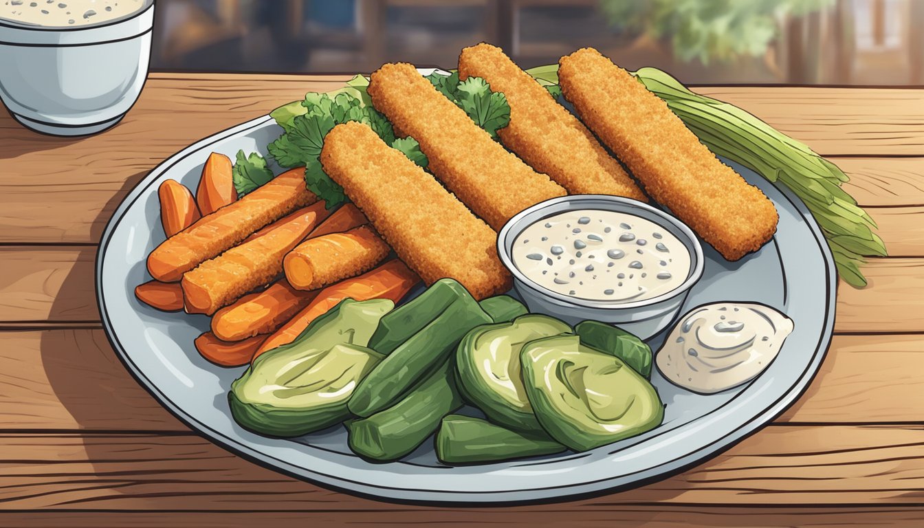 A plate of gluten-free fish sticks sits on a wooden table, surrounded by colorful vegetables and a dollop of tartar sauce