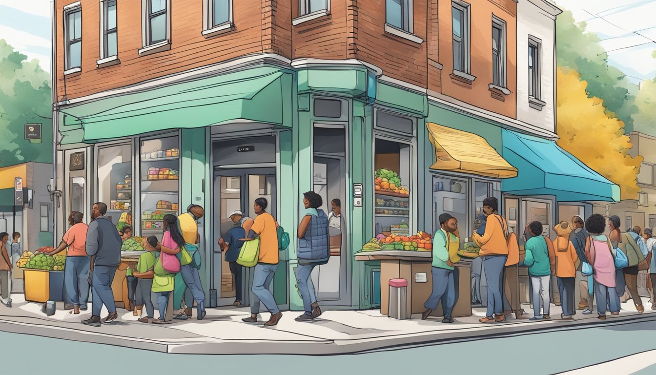 A bustling street corner with a colorful, well-stocked community fridge surrounded by people taking and leaving food