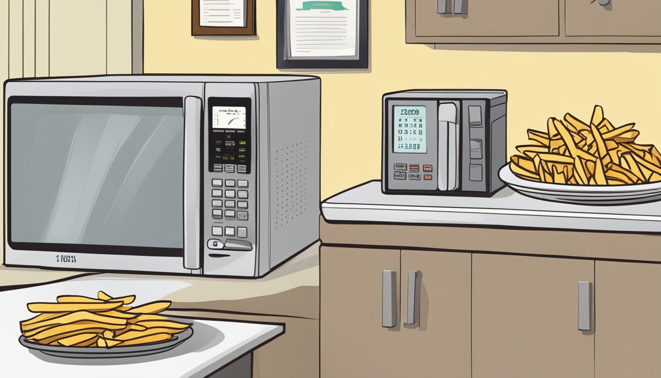 A plate of gluten-free french fries sits next to a microwave and a timer, indicating proper reheating time. A calendar on the wall shows the date of purchase for safe consumption