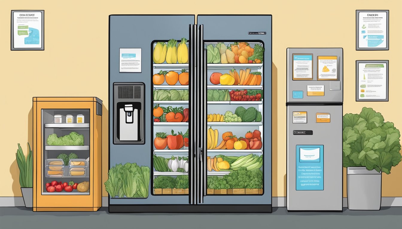 A community fridge in Spokane, WA, filled with fresh produce and labeled with safety and health guidelines