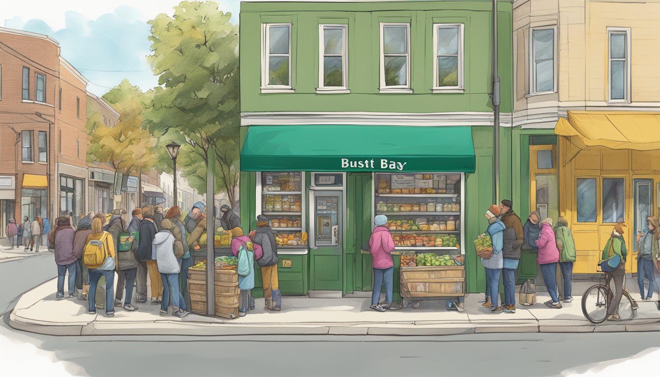 A bustling street corner in Green Bay, WI with a community fridge surrounded by people donating and taking food