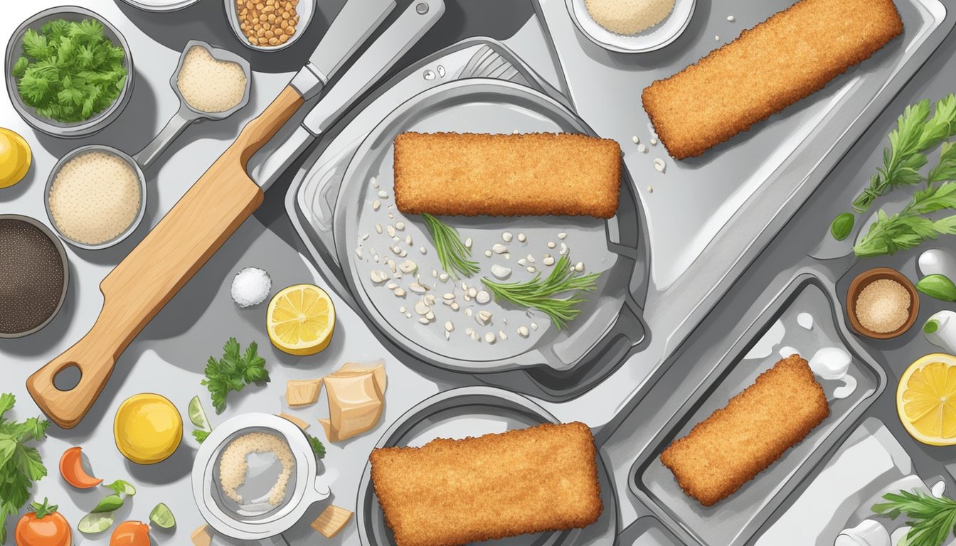 Gluten-free fish sticks on a baking sheet, surrounded by various cooking utensils and ingredients. A timer set for the recommended cooking time