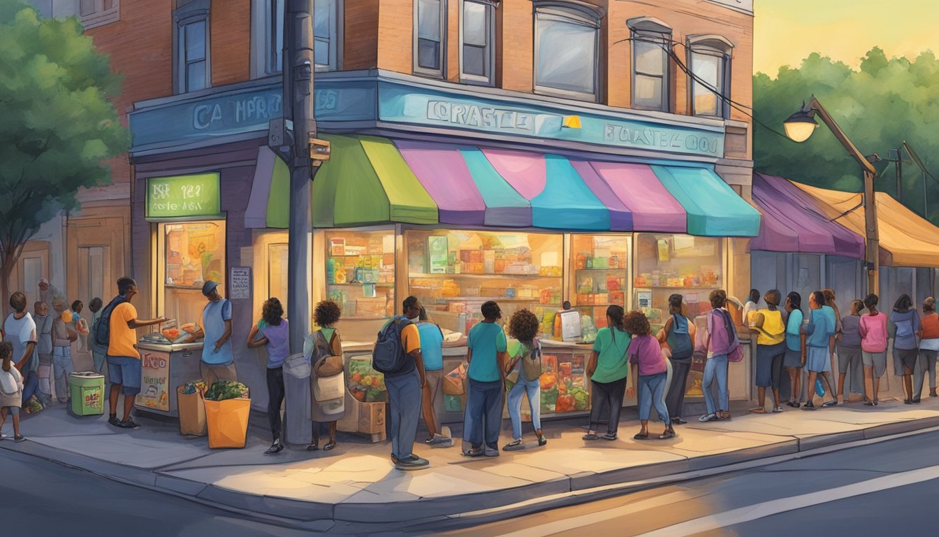 A bustling street corner in Waco, Texas, with a colorful, graffiti-covered community fridge surrounded by diverse individuals donating and taking food