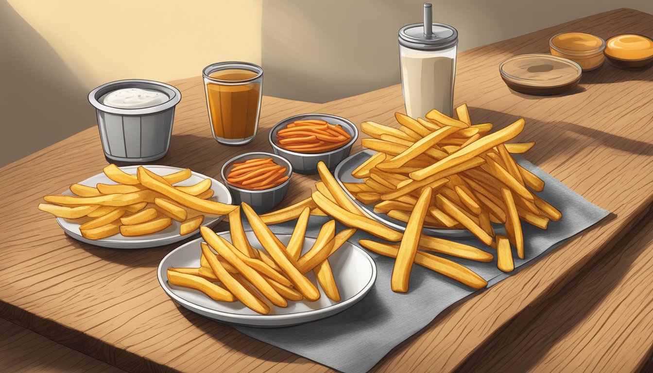 A variety of gluten-free french fries arranged on a wooden cutting board, with a few fries spilling out onto the table