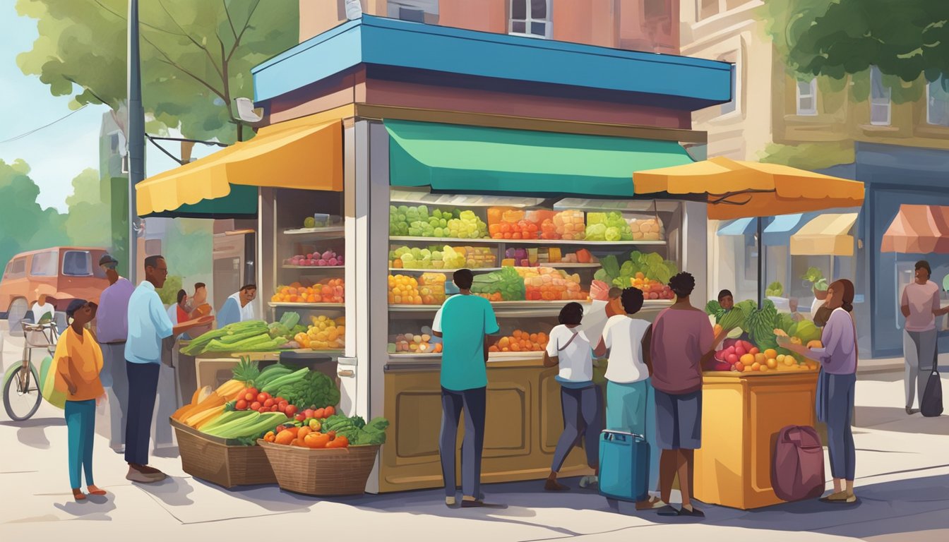 A bustling street corner with a colorful, decorated fridge filled with fresh produce and food items. People are gathered around, chatting and exchanging goods