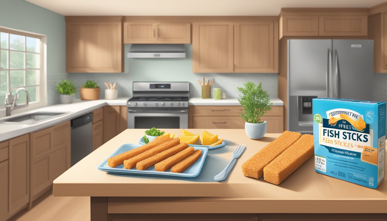 A package of gluten-free fish sticks sits on a clean, well-organized kitchen counter, next to a refrigerator and a clock showing the current time