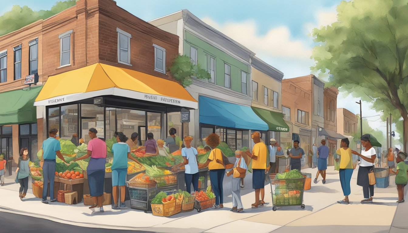 A bustling street corner in Waco, TX, with a colorful community fridge surrounded by eager volunteers stocking it with fresh produce and meals