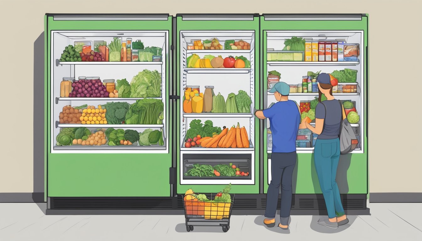 A bustling local community fridge in Spokane, WA, filled with fresh produce and stocked with essential items, being managed and sustained by dedicated volunteers