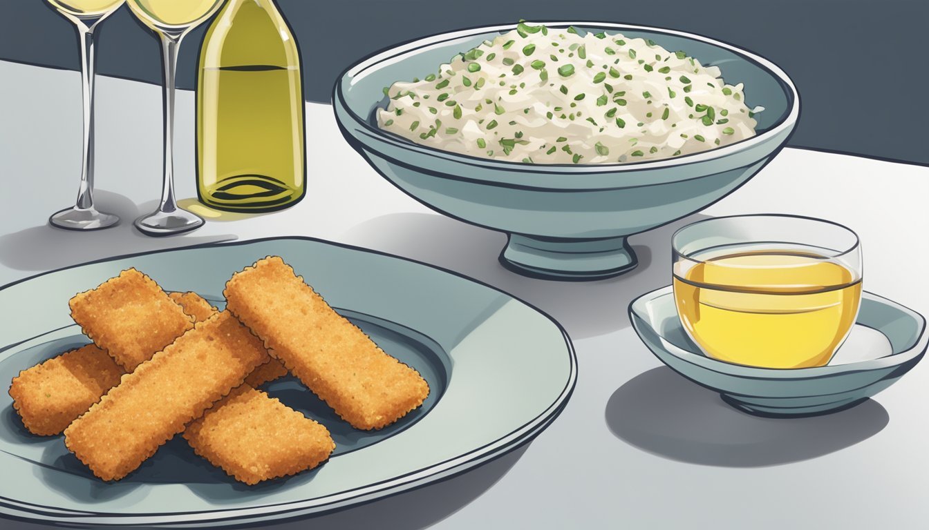 A plate of gluten-free fish sticks next to a bowl of tartar sauce, with a glass of white wine on the side