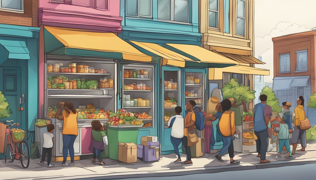 A bustling street corner with a colorful, well-stocked community fridge, surrounded by diverse people dropping off and picking up food items