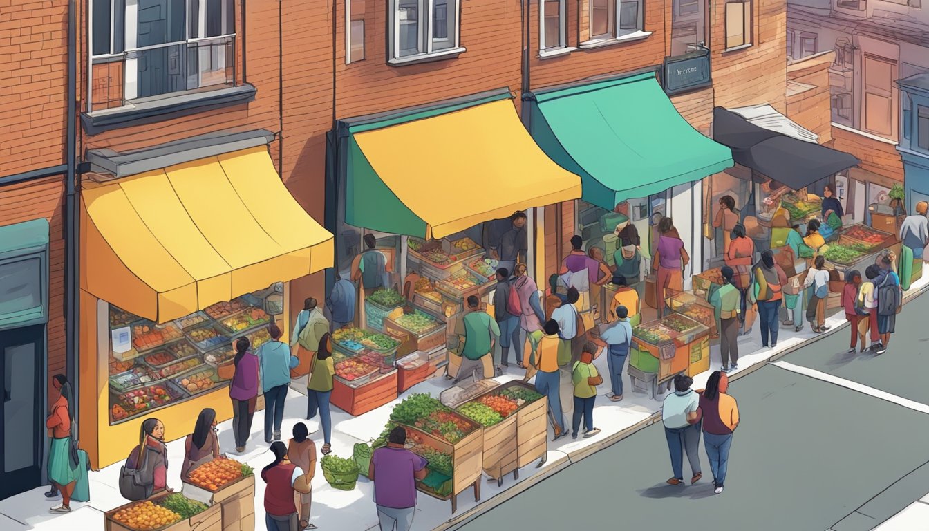 A bustling street with a colorful community fridge surrounded by people donating and taking food