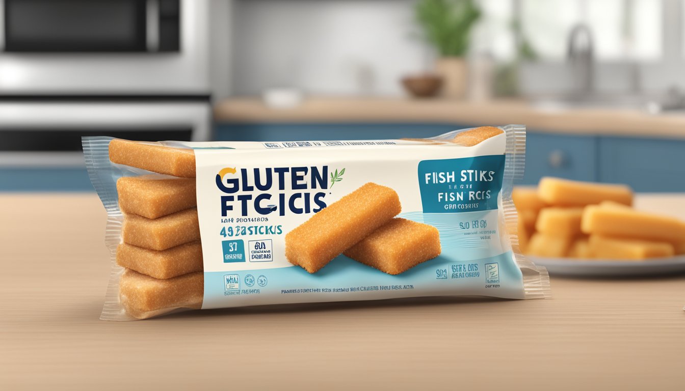 A package of gluten-free fish sticks sits on a kitchen counter, with a clear expiration date visible on the packaging