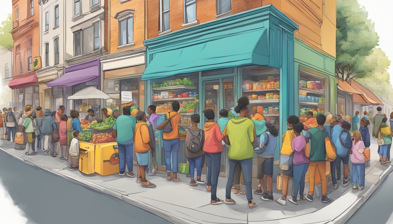 A bustling street corner with a colorful community fridge surrounded by diverse individuals donating and taking food items