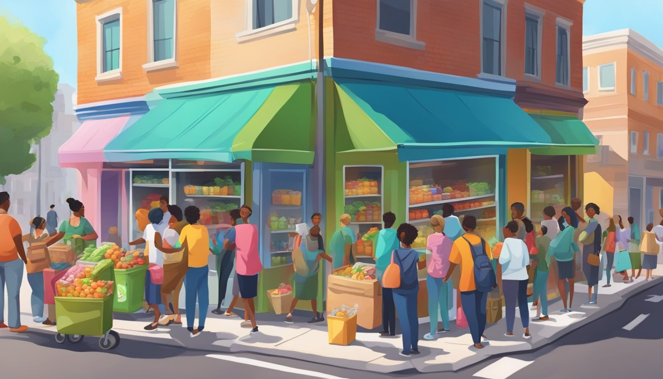 A bustling street corner with a colorful, decorated fridge surrounded by a diverse group of people donating and taking food items