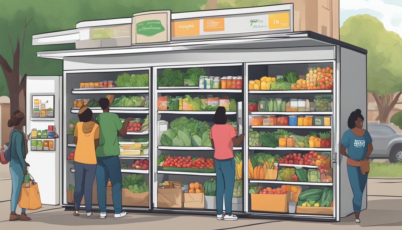 A community fridge in Waco, TX filled with fresh produce, canned goods, and other essentials. Nearby, people are seen adding donations and taking items as needed