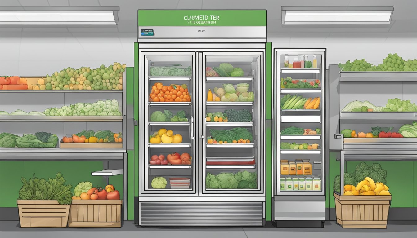 A clean, organized community fridge in Waco, TX, stocked with fresh produce and labeled with clear food safety guidelines