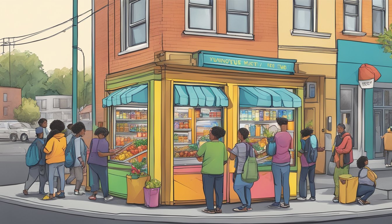 A bustling street corner in Vancouver, WA, with a colorful community fridge surrounded by diverse individuals donating and taking food