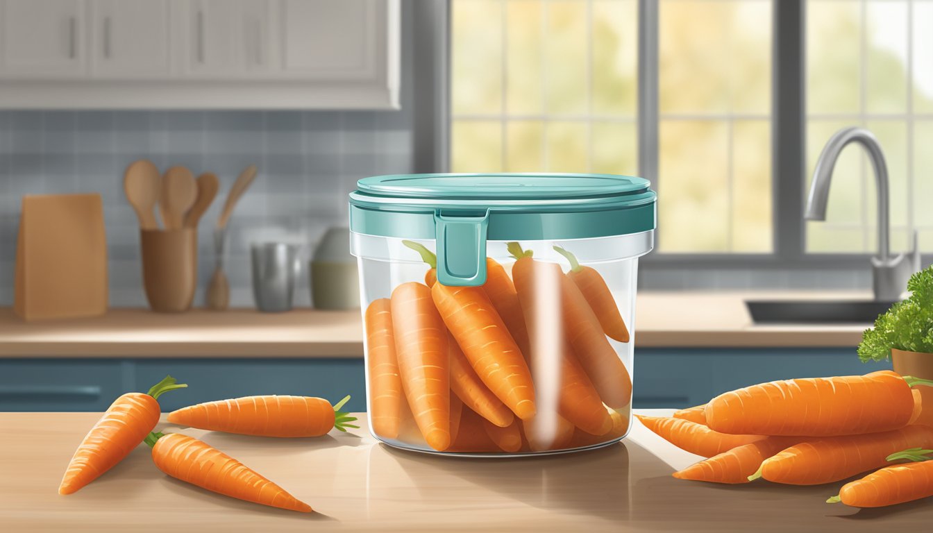 Gluten-free glazed carrots in a sealed container on a kitchen counter