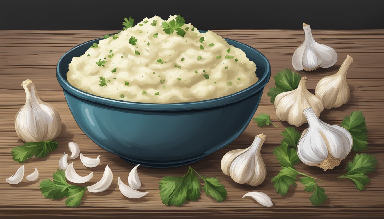 A bowl of gluten-free garlic mashed potatoes sits on a rustic wooden table, surrounded by fresh garlic bulbs and a scattering of salt and pepper