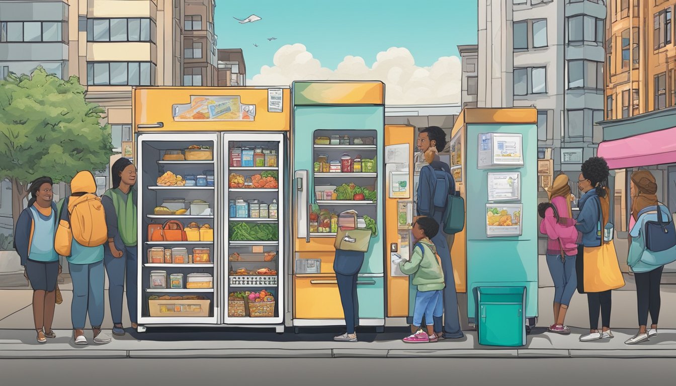 A colorful community fridge stands against a backdrop of Vancouver, WA landmarks, surrounded by a diverse group of people donating and taking food