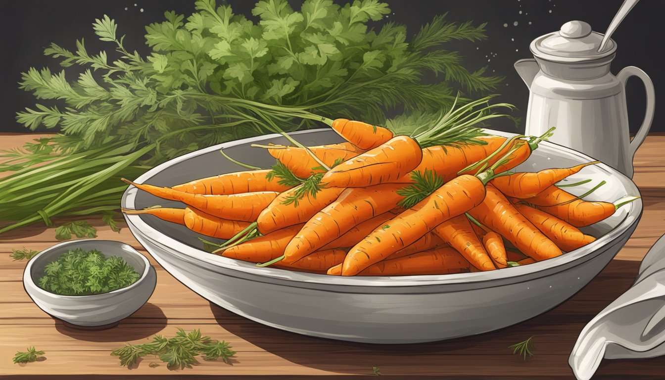 A bowl of gluten-free glazed carrots sits on a rustic wooden table, surrounded by fresh herbs and a drizzle of honey