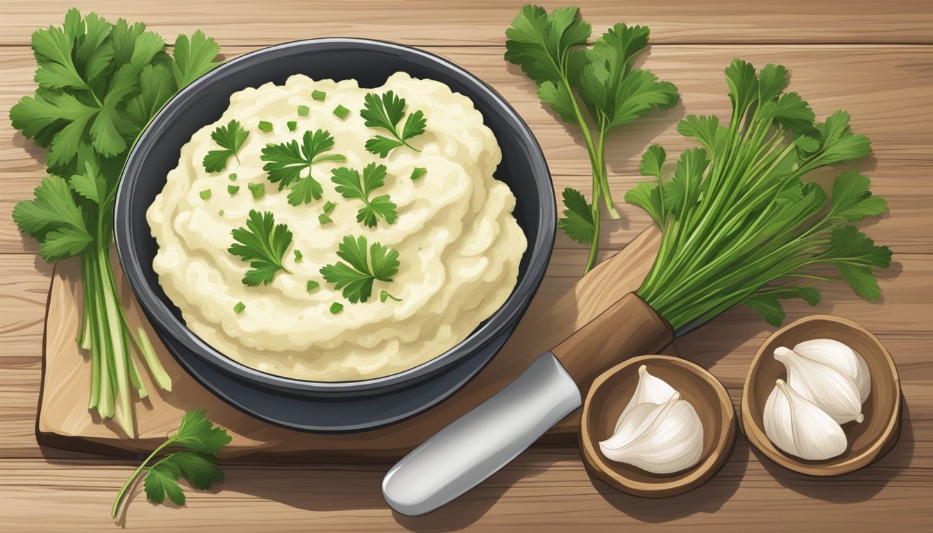 A rustic kitchen counter with a bowl of gluten-free garlic mashed potatoes, a wooden spoon, and a sprig of fresh parsley