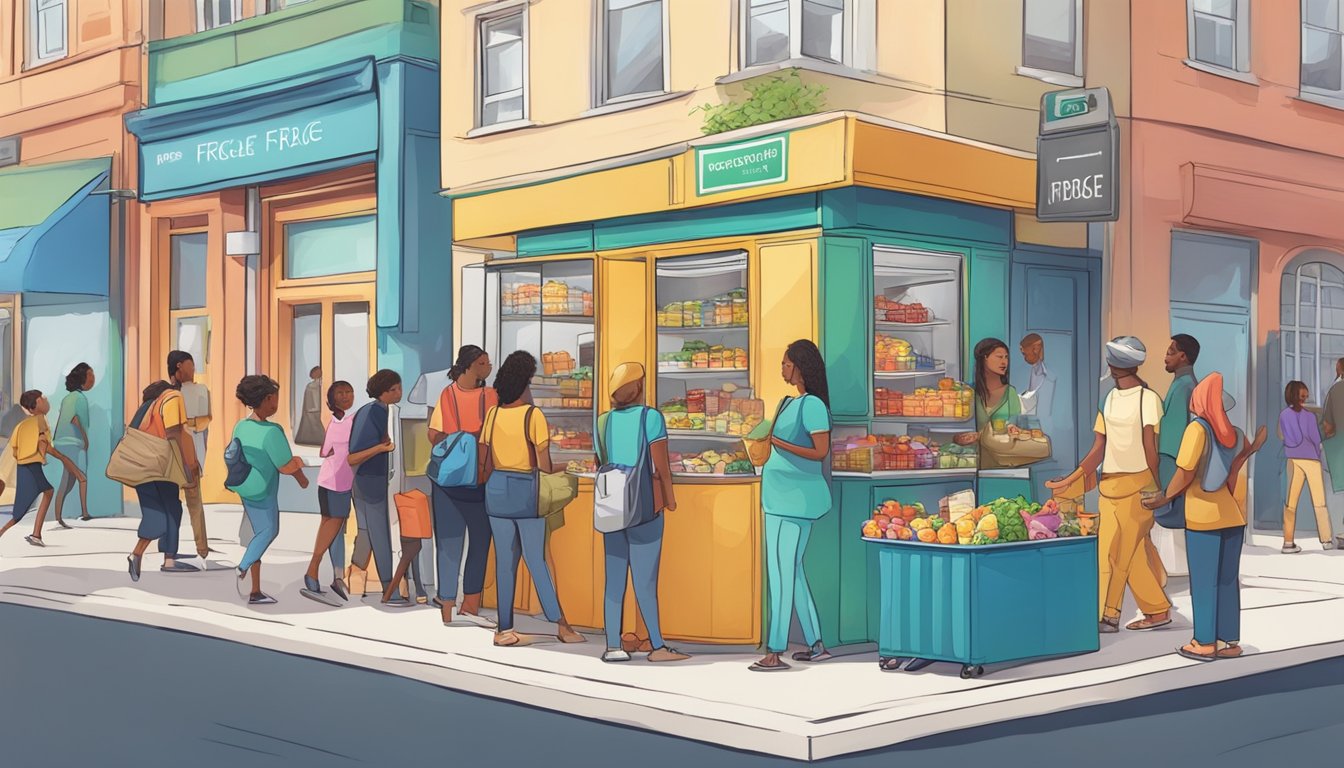 A bustling street corner with a colorful community fridge surrounded by diverse people donating and taking food items