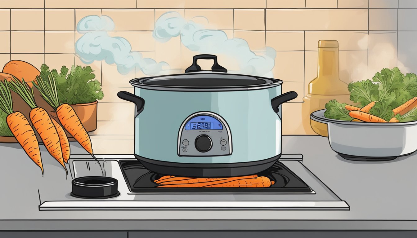 Gluten-free glazed carrots simmer in a pot on a stovetop, steam rising as they cook. A timer on the counter indicates the remaining cooking time