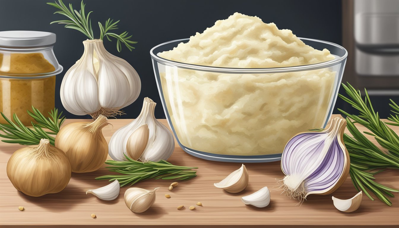 A glass container of gluten-free garlic mashed potatoes sits on a kitchen counter, sealed with a lid. The potatoes are surrounded by fresh garlic cloves and a sprig of rosemary