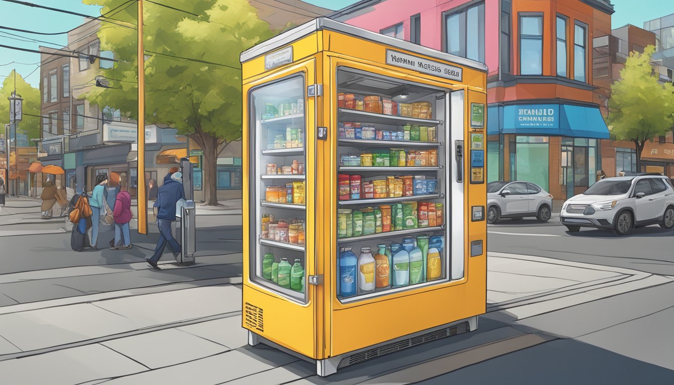 A brightly colored community fridge stands against a backdrop of a bustling Vancouver, WA street, surrounded by signs promoting health and safety standards